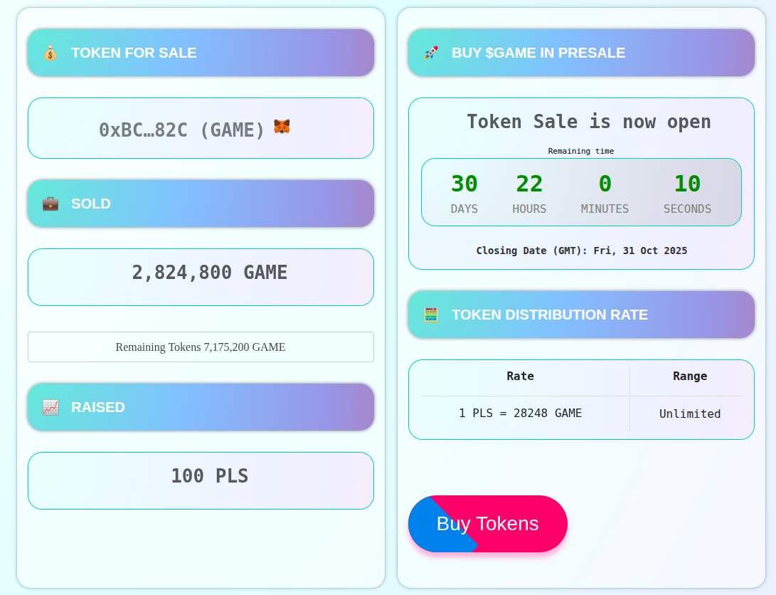 ICO dashboard showing contributions, tokens sold, and remaining