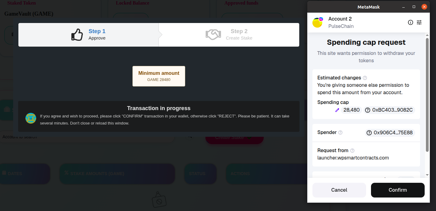 Approve funds and confirm stake creation transactions