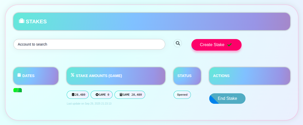 Stake listed with accrued rewards and end stake option