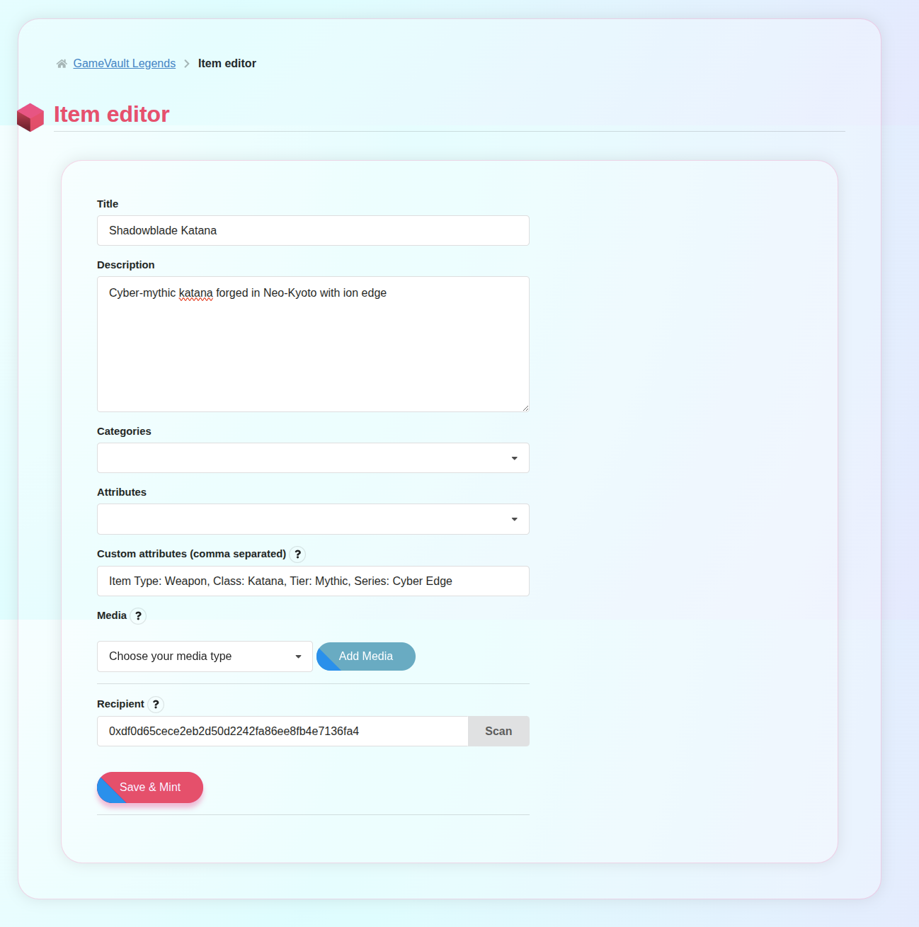 Fill in title, description, and attributes for the NFT item