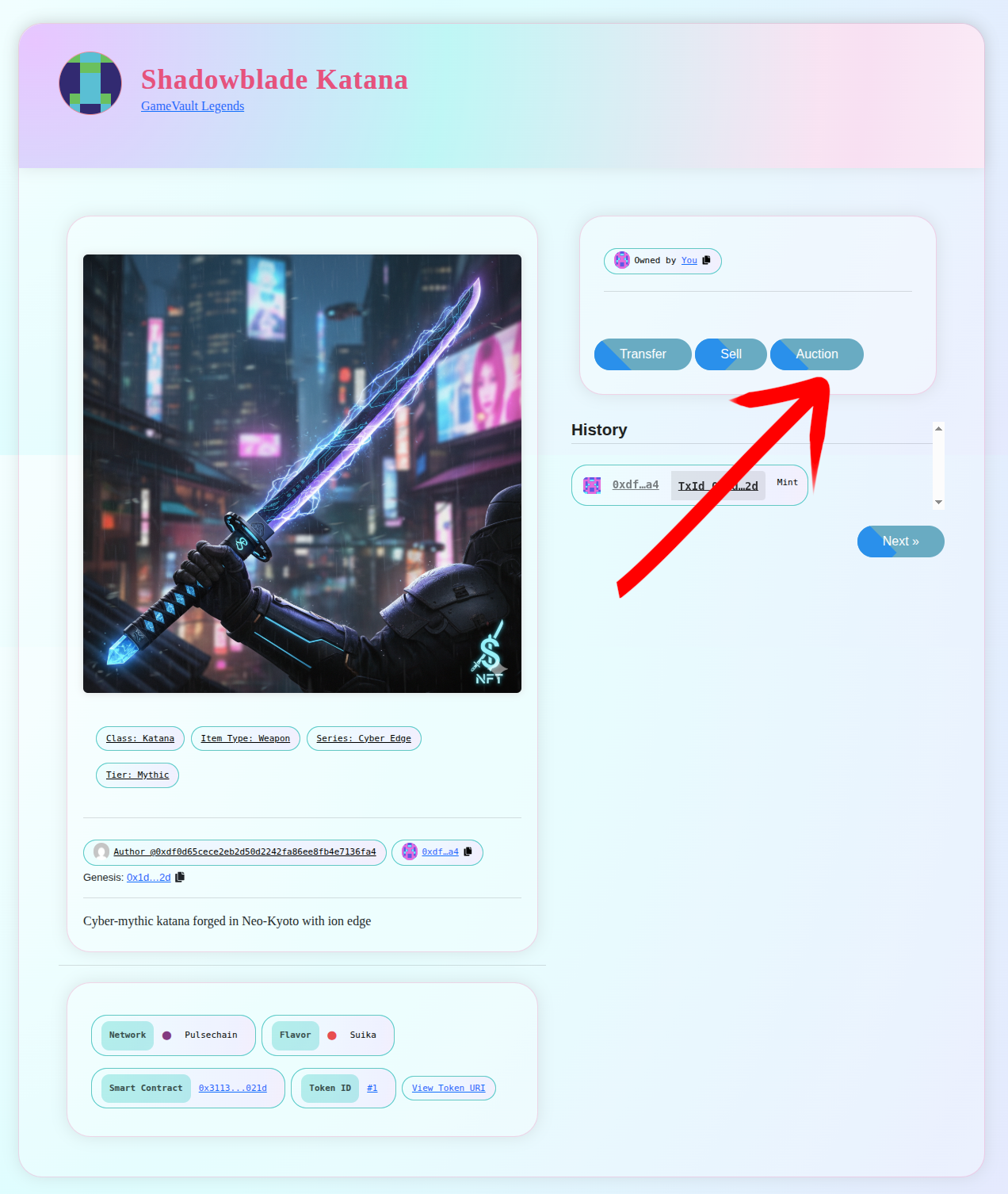 NFT item displayed with blockchain data and metadata