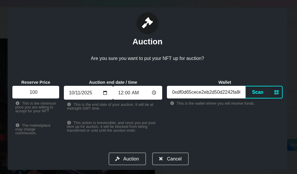 Configure sale or auction using the GAME token and confirm