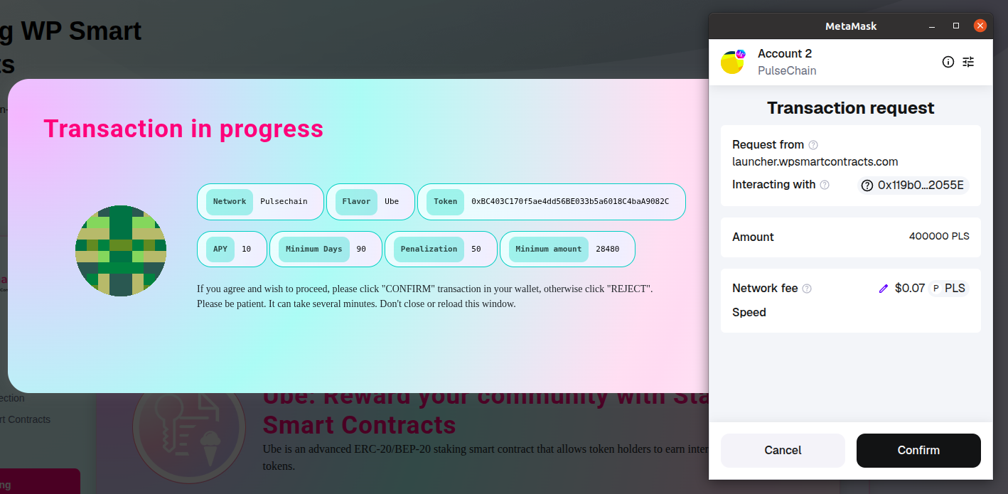 Confirm staking deployment in MetaMask